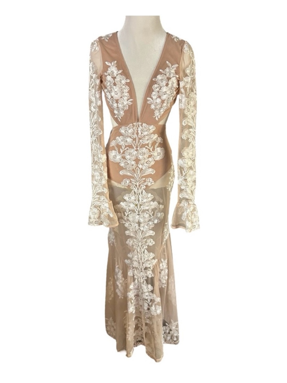 Free People (for love & lemons) Nude Sheer Embroidered Long Sleeve Gown - Picture 1 of 6